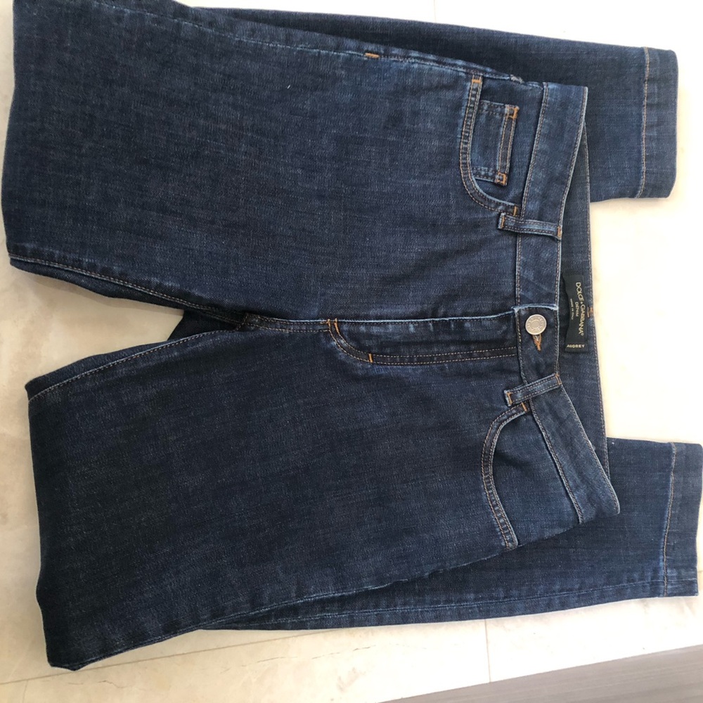 Dolce & Gabbana Dark Blue Skinny Queen Jeans with Yellow Script Patch. Size 38 - Picture 3 of 10